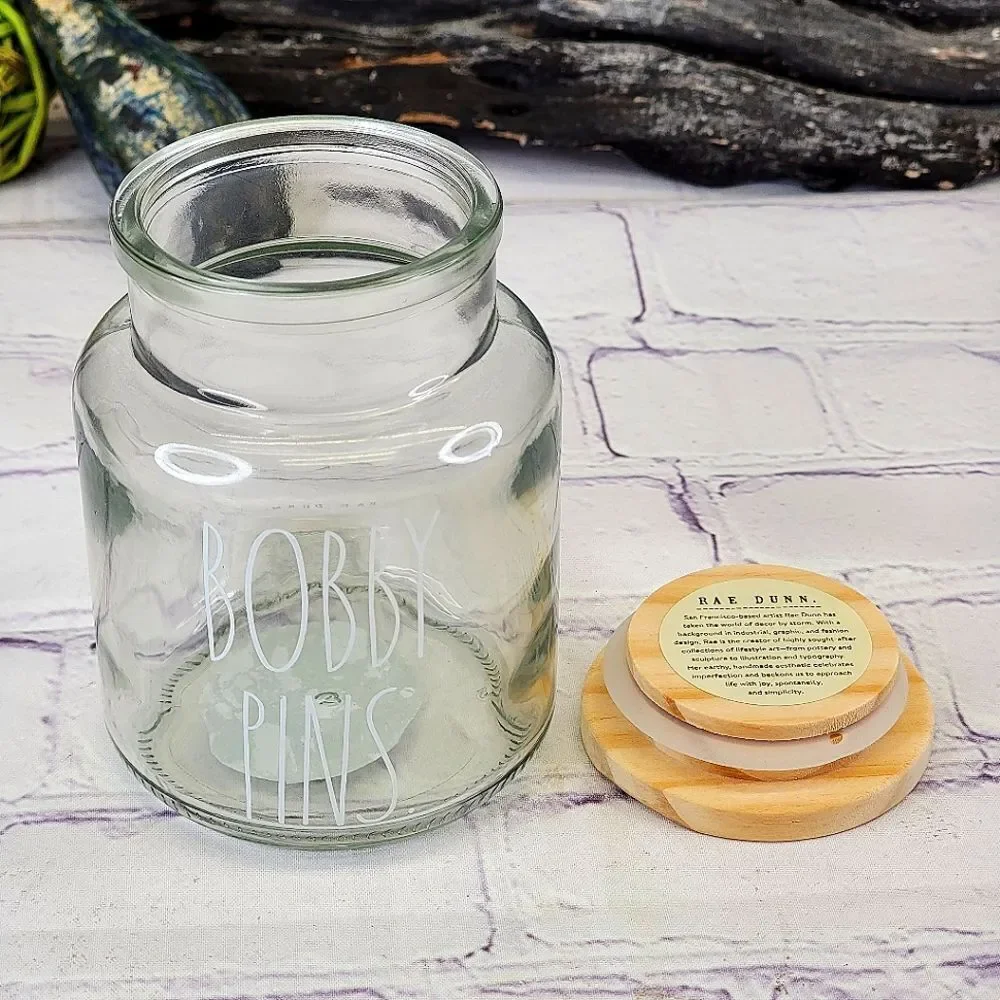 Rae Dunn BOBBY PINS Glass Jar Storage Container with Wooden Lid
